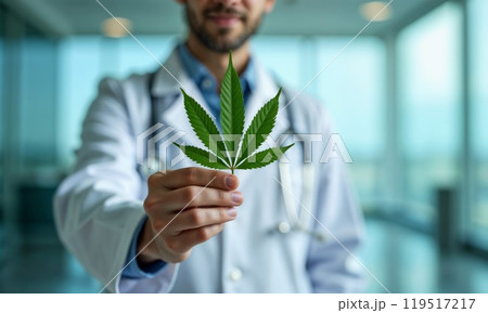 Doctor hand holding Sativa Cannabis plant leaf for using THC herbal for medical concept Doctor hand holding Sativa Cannabis plant leaf for using THC herbal for medical concept 119517217
