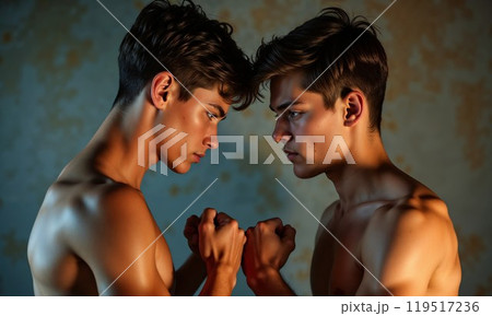 Two shirtless men with curly hair are gazing at one another intently Two shirtless men with curly hair are gazing at one another intently 119517236