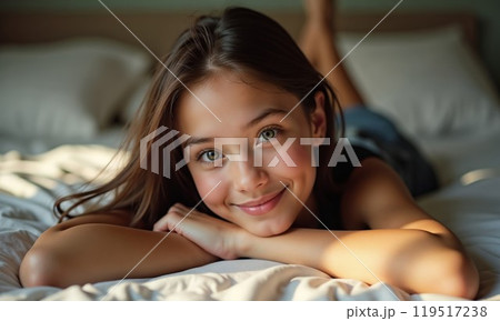 Young beautiful woman sleeping in her bed and relaxing in the morning Young beautiful woman sleeping in her bed and relaxing in the morning 119517238