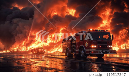 A fire truck is positioned prominently in front of a large fire 119517247