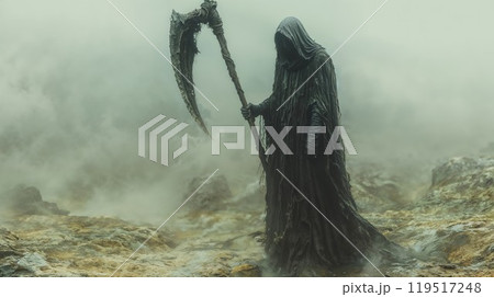 A grim reaper holds a large scythe in a foggy, mysterious field 119517248