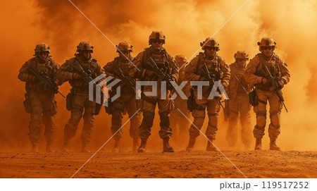 A group of soldiers is walking in a straight line through the desert A group of soldiers is walking in a straight line through the desert 119517252