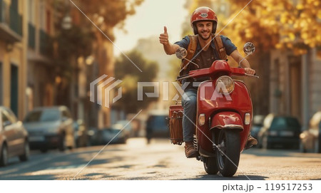 A joyful food delivery rider on a Vespa in a vibrant autumn landscape filled with beauty A joyful food delivery rider on a Vespa in a vibrant autumn landscape filled with beauty 119517253
