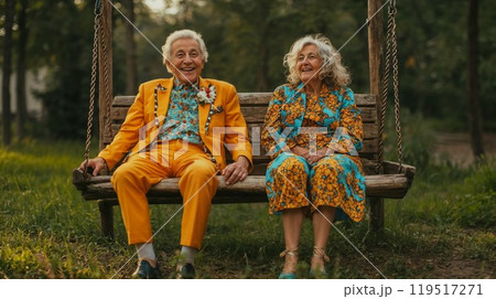 An elderly couple peacefully sits on a wooden swing, holding hands together 119517271