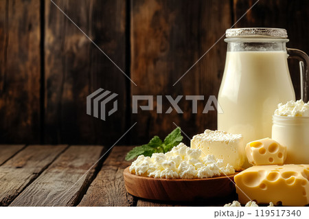 Dairy products displayed on a rustic wooden table with fresh milk, cheese, and cottage cheese in a 119517340