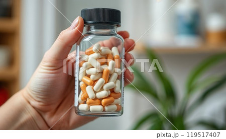 A person is currently holding a bottle filled with pills in their hand 119517407