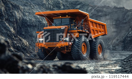 A large and powerful dump truck is steadily driving down a dirt road A large and powerful dump truck is steadily driving down a dirt road 119517444