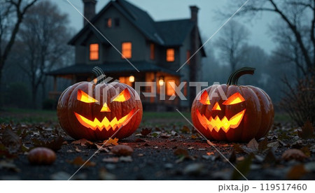 Two glowing Halloween pumpkins shine before a spooky haunted house 119517460