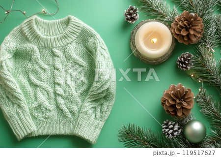 Soft green knitted sweater surrounded by holiday decorations with a candle and pinecones on a green 119517627