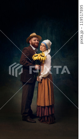 Cinematic portrait of man and woman dressed in vintage-inspired attire, holding bouquet of sunflowers. Cinematic portrait of man and woman dressed in vintage-inspired attire, holding bouquet of sunflowers. 119517895