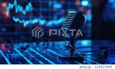 A microphone is on a table against a blue background A microphone is on a table against a blue background 119517940