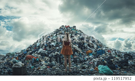 A woman is currently standing on top of a large pile of garbage 119517952