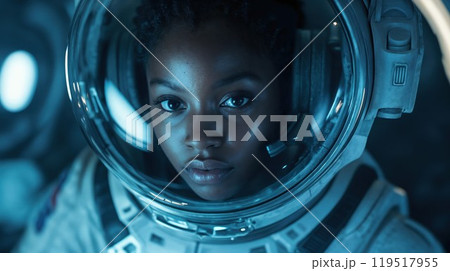 A young girl wears a bright space suit and a full head helmet A young girl wears a bright space suit and a full head helmet 119517955