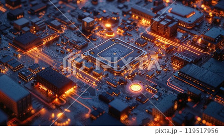 Aerial view of a computer motherboard with many lights Aerial view of a computer motherboard with many lights 119517956