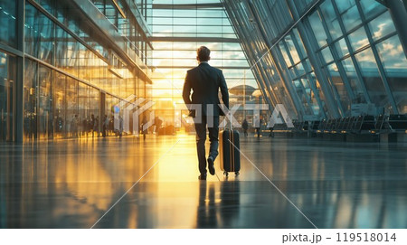 A man is leisurely walking with a suitcase through the airport at sunset 119518014