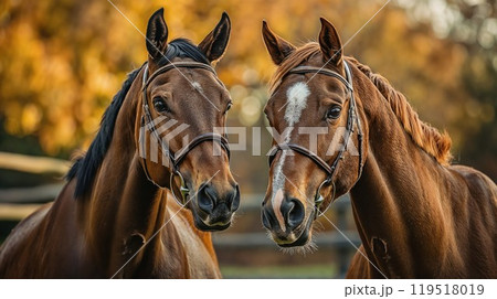 Two brown horses stand next to each other in a fenced area 119518019