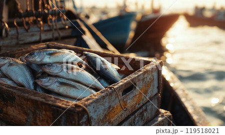 Various freshly just caught fish in wooden crate on a fishing wooden boat 119518021