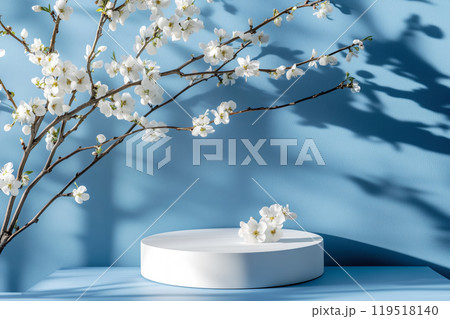 Delicate white cherry blossoms branch against a serene blue wall with circular display stand during 119518140