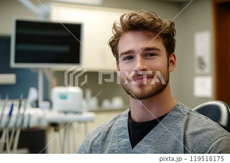 A confident young male dentist smiling warmly in a modern dental office during a bright and busy day 119518175