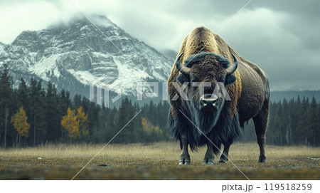 A bison stands majestically in a field with mountains behind A bison stands majestically in a field with mountains behind 119518259