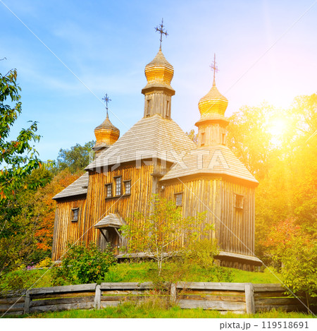 Ancient wooden orthodox church of St. Michael in Pyrohiv (Pirogovo) village near Kiev, Ukraine. Ancient wooden orthodox church of St. Michael in Pyrohiv (Pirogovo) village near Kiev, Ukraine. 119518691