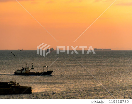 東京湾の海越しに見た横浜方面の夕景 東京湾の海越しに見た横浜方面の夕景 119518780