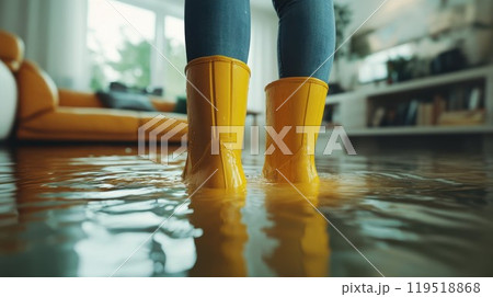 A person in yellow rain boots stands in a flooded living room A person in yellow rain boots stands in a flooded living room 119518868