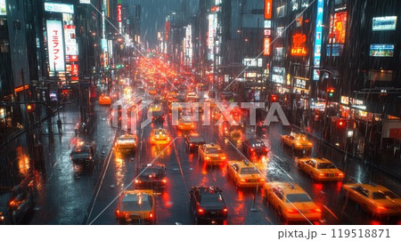 A rainy night on a busy city street with taxis driving by 119518871