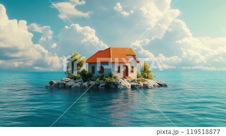 A solitary house is situated on a tiny island amidst the vast ocean 119518877