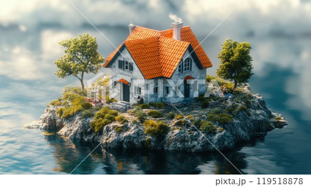 A solitary house is situated on a tiny island amidst the vast ocean 119518878