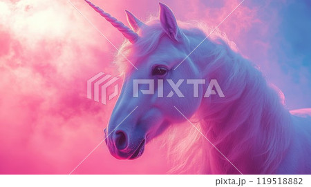 A white unicorn with a long mane is gracefully flying through the air 119518882