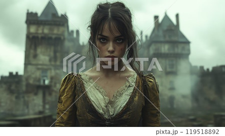 A woman in a medieval gown stands gracefully before a grand castle 119518892