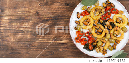 Baked Mussels and Squid Rings. Baked Mussels and Squid Rings. 119519381