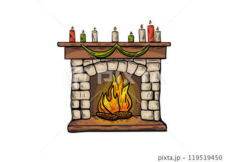 fireplace Christmas sketch in vintage style, engraving, line drawing colored. fireplace Christmas sketch in vintage style, engraving, line drawing colored. 119519450