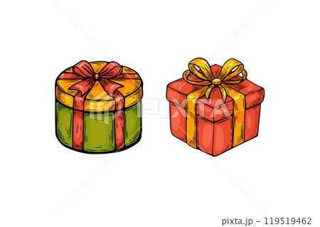 Vector sketch in vintage style, engraving, line drawing of colored gifts. Vector sketch in vintage style, engraving, line drawing of colored gifts. 119519462