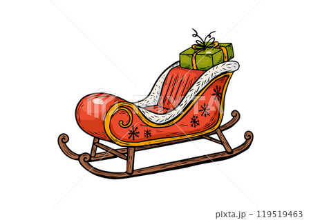 Vector sketch in vintage style, engraving, line drawing of colored santa sleigh. Vector sketch in vintage style, engraving, line drawing of colored santa sleigh. 119519463