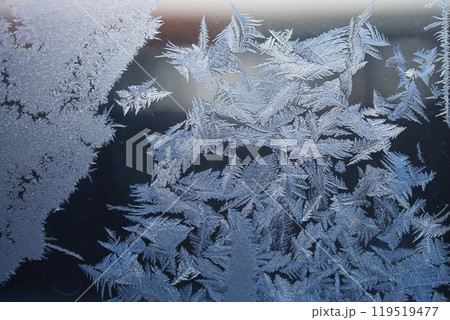 Intricate Frost Patterns Creatively Crafted on a Glass Surface During Winter Time 119519477