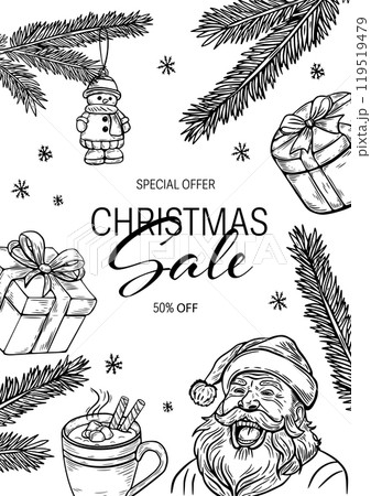 Christmas sale,black and white vintage style sketch, etching. Poster, banner. 119519479