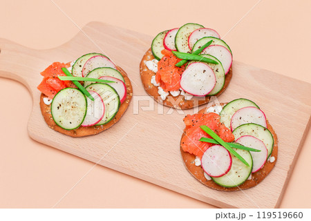 Cracker Sandwiches with Salmon, Cucumber, Radish, Cottage Cheese and Green Onions 119519660