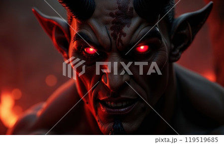 A detailed close up of a menacing demon featuring glowing red eyes 119519685
