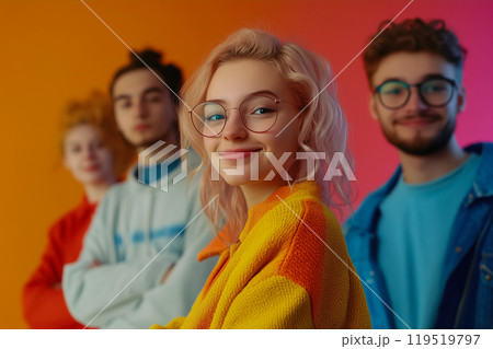 Young adults posing cheerfully together against a colorful gradient background in a photo shoot 119519797