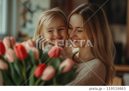 A mother holds her smiling daughter while surrounded by vibrant tulips in a cozy indoor setting 119519863