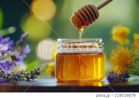 Golden honey drips from a wooden dipper into a small jar surrounded by vibrant flowers in a natural 119519879