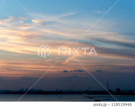 東京湾の海越しに見た東京都心方面の夕景 119519948