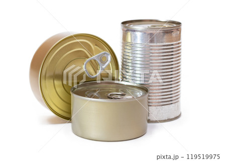 A Group of Stacked Tin Cans with Blank Edges Isolated on White A Group of Stacked Tin Cans with Blank Edges Isolated on White 119519975