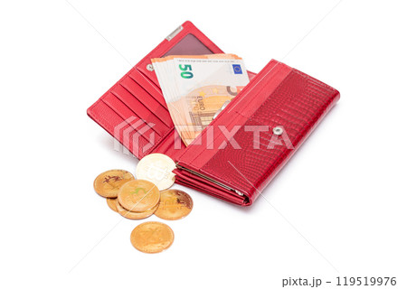 Opened Red Women Purse with 50 Euro Banknotes Inside and Bitcoin Coins - Isolated Opened Red Women Purse with 50 Euro Banknotes Inside and Bitcoin Coins - Isolated 119519976