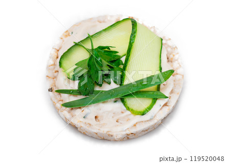 Vegan Rice Cake Sandwich with Fresh Cucumber and Greens - Isolated on White 119520048