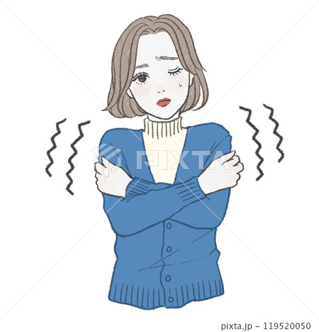 寒さに肩をすくめて震えている青いカーディガンの女性 寒さに肩をすくめて震えている青いカーディガンの女性 119520050
