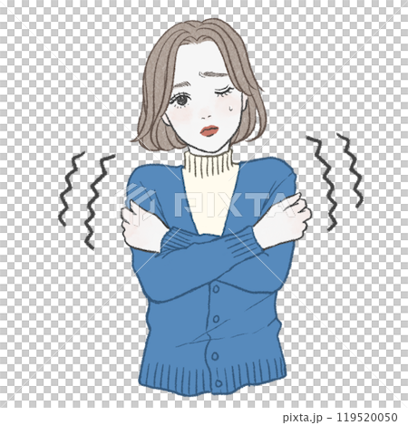 A woman in a blue cardigan shrugging her shoulders and shivering from the cold 119520050