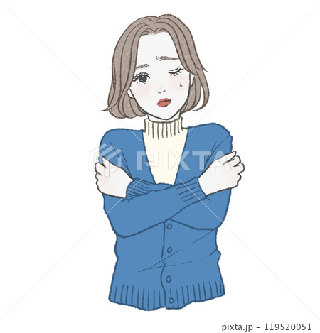 寒そうに肩をすくめている青いカーディガンの女性 寒そうに肩をすくめている青いカーディガンの女性 119520051